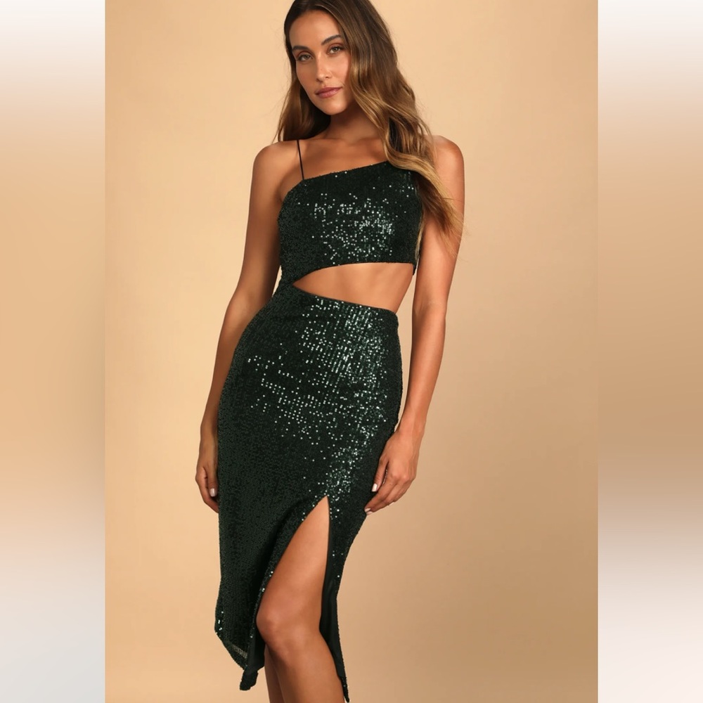 🔥 LULUS Small Green Sequin Midi Dress VEGAS NYE HOLIDAY 🔥